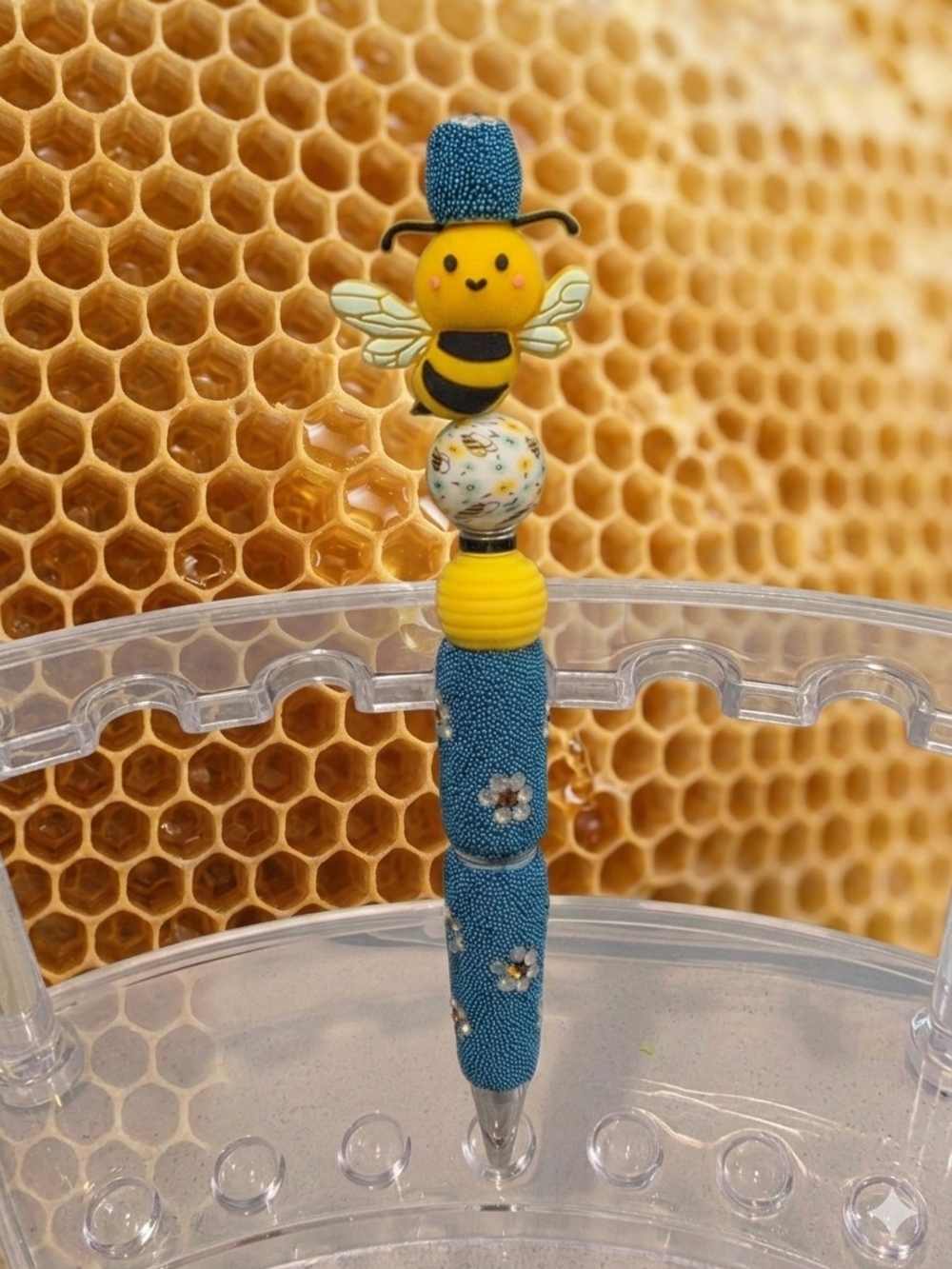 Honeybee Beaded Pen β’ Rhinestone & Teal Caviar Bead Bling Pen π